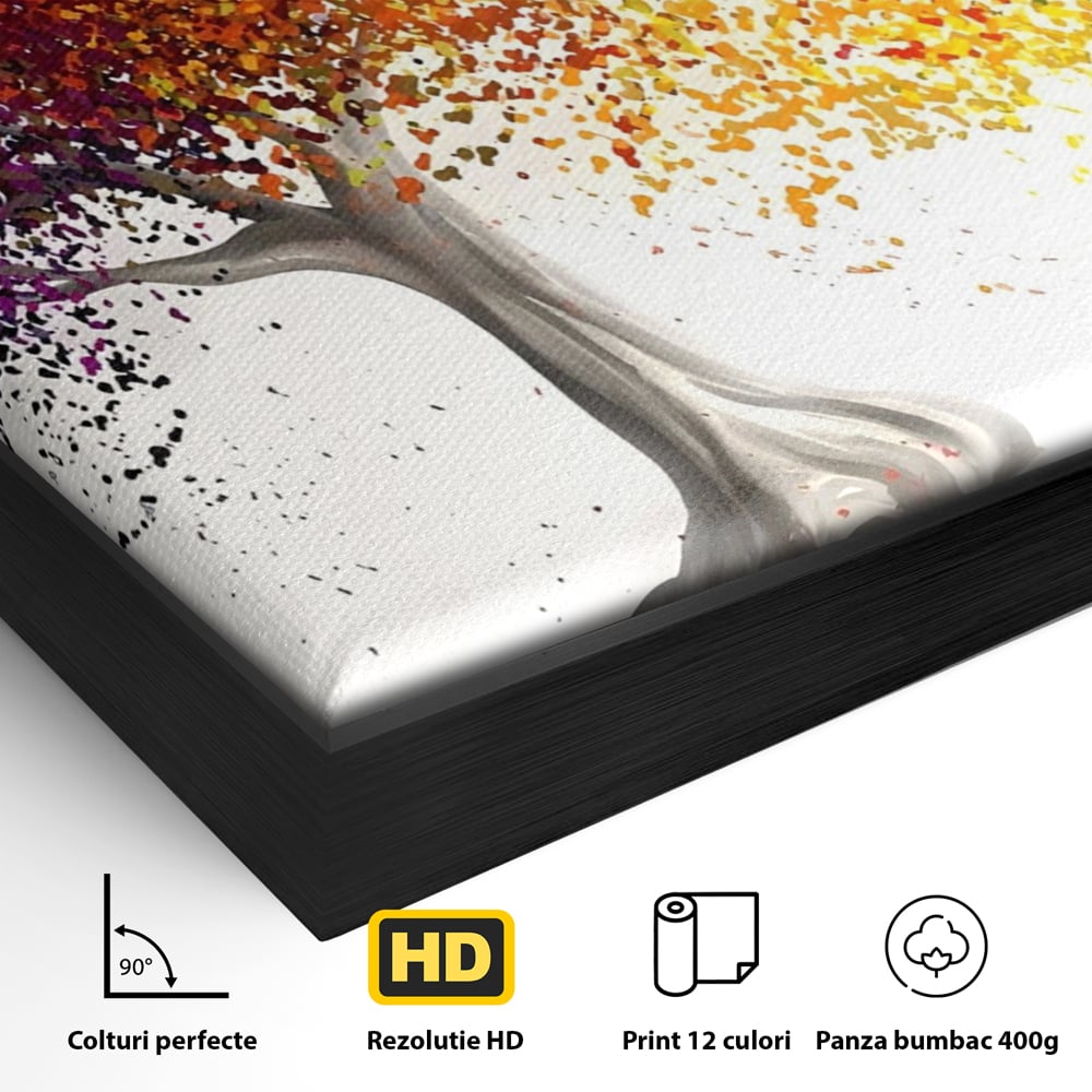 Detaliu al suprafetei: tablou canvas cu un copac colorat, in rama de aluminiu negru